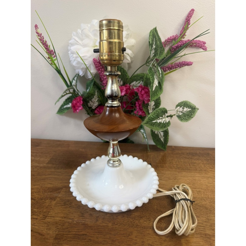 Vintage Milk Glass Hobnail Lamp MCM‎ Wood Brass Accent Lighting Retro Decor